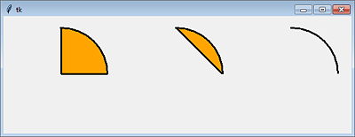 Von links nach rechts: pieslice, chord und arc