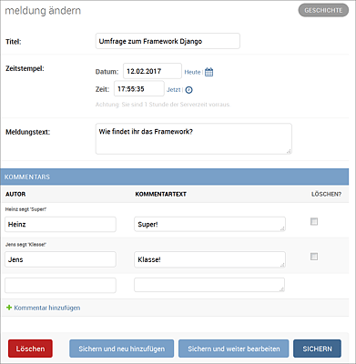 Angepasste ACP-Seite zum Bearbeiten einer Meldung